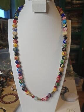 Multicolor Floral Glass Bead Necklace with Gold Accents